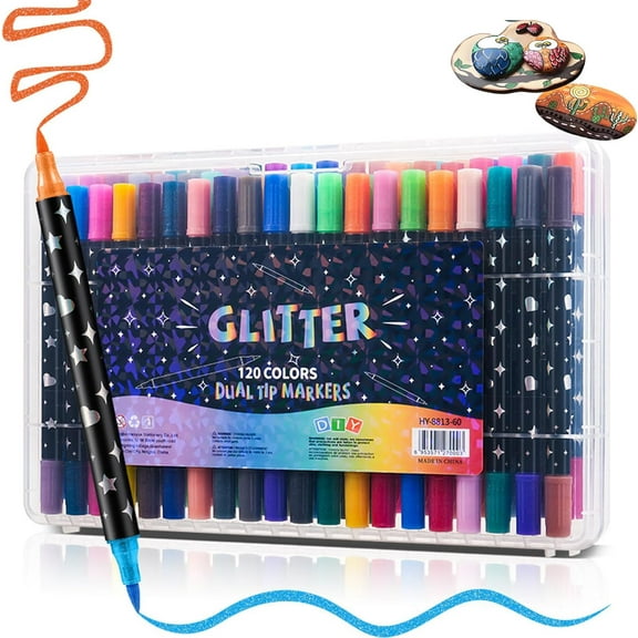 Dual-Tip Glitter Marker Pen, 12/24/36/48 Colors Glitter Brush Markers, Dual Tip Acrylic Paint Pens for Doodle Writing, Glitter Art Crafts Adults DIY Crafts Greeting Birthday Cards Making(48Color)
