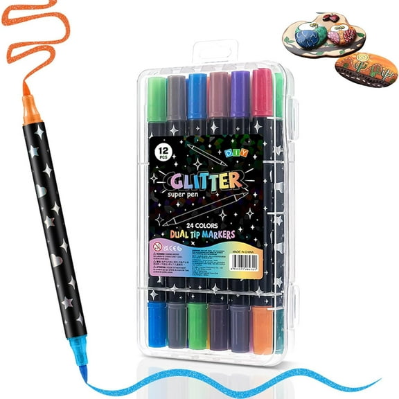 Dual-Tip Glitter Marker Pen, 12/24/36/48 Colors Glitter Brush Markers, Dual Tip Acrylic Paint Pens for Doodle Writing, Glitter Art Crafts Adults DIY Crafts Greeting Birthday Cards Making(12Color)