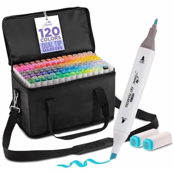 Dual Tip Markers - 120 Colors, Double Sided Fine & Chisel Tip Art Markers with Travel Case, Perfect for Adult Coloring, Kids, Drawing & Calligraphy$$Art & Craft