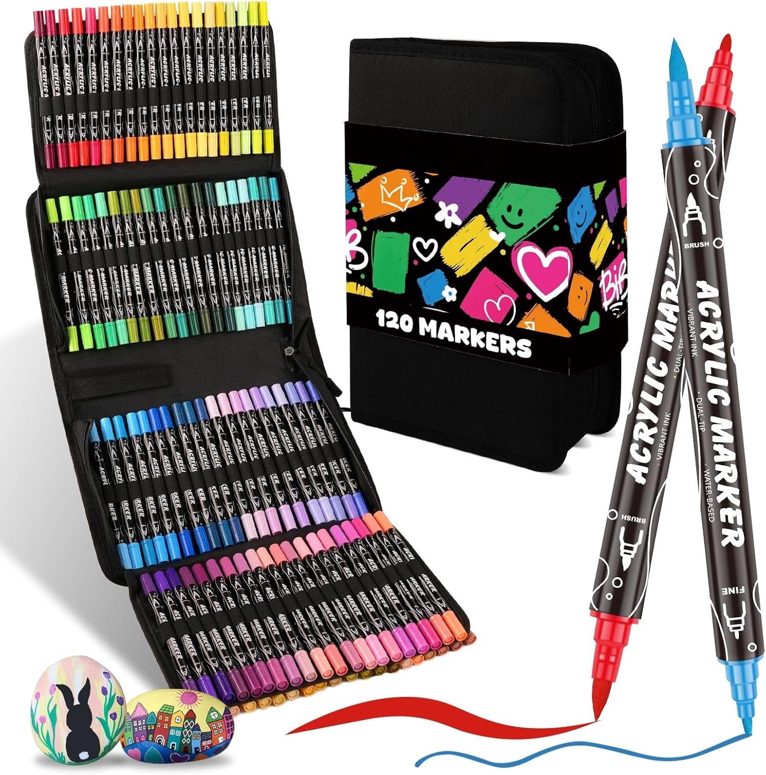 Tip   Markers for Adults, 120  Colors Brush and Fine Tip   Pens, Quick-Dry &   Markers for Rock Painting, , Canvas, DIY Art Supplies Kit