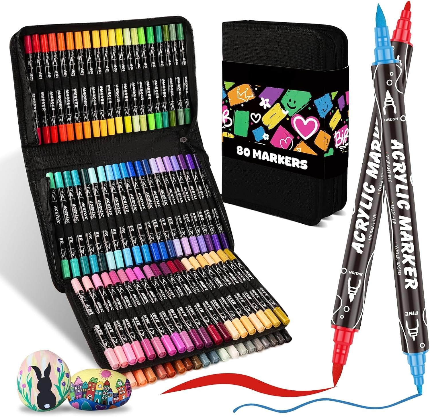 Tip   Markers for Adults, 80  Colors Brush and Fine Tip   Pens, Quick-Dry &   Markers for Rock Painting, , Canvas, DIY Art Supplies Kit