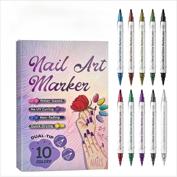 Dual-Tip Nail Art Pen Set with Firm & Soft Tip, 10 Colors Nail Art Markers, Nail Polish Pens for Girls, Water Based, Quick Dry DIY Nail Art Tools