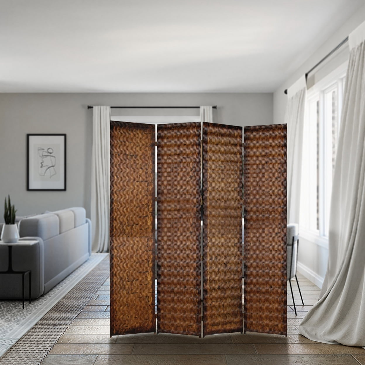 Brown and Gold 4-Panel Wooden Foldable Room Divider