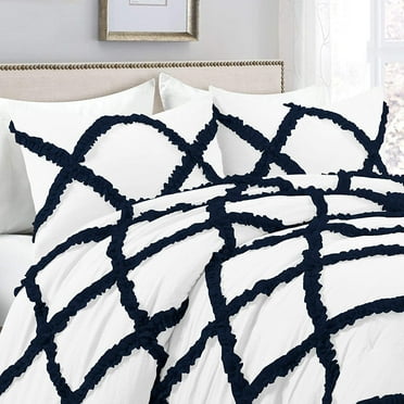 Dual Tone Diamond Ruffle Duvet Cover 3 Piece Set with Zipper, 400 Thread Count & 100% Egyptian Cotton and Quilts Protector with Pillowcases - White & Black Solid, Twin Size.