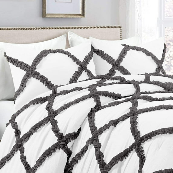Dual Tone Diamond Ruffle Duvet Cover 3 Piece Set with Zipper Closure, 400 Thread Count & 100% Egyptian Cotton , Quilts Protector with Pillowcases - White & Dark Gray Solid, Eastern King Size.