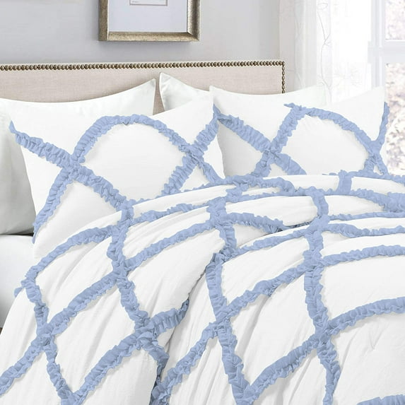 Dual Tone Diamond Ruffle Duvet Cover 3 Piece Set with Zipper Closure, 400 Thread Count & 100% Egyptian Cotton , Quilts Protector with Pillowcases - White & Light Blue Solid, Oversized King Plus Size.