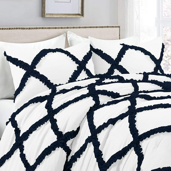 Dual Tone Diamond Ruffle Duvet Cover 3 Piece Set with Zipper Closure, 400 Thread Count & 100% Egyptian Cotton , Quilts Protector with Pillowcases - White & Navy Blue Solid, Oversized Size.