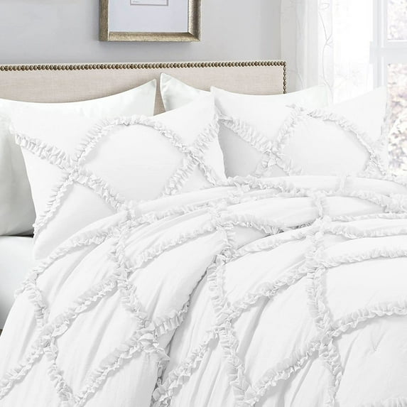 Dual Tone Diamond Ruffle Duvet Cover 3 Piece Set with Zipper, 400 Thread Count & 100% Egyptian Cotton and Quilts Protector with Pillowcases - White & White Solid, King Size.