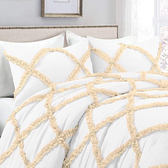 Dual Tone Diamond Ruffle Duvet Cover 5 Piece Set with Zipper, 400 Thread Count & 100% Egyptian Cotton and Quilts Protector with Pillowcases - White & Ivory Solid, Eastern King Size.