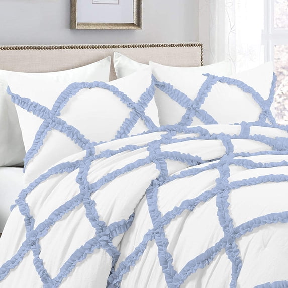 Dual Tone Diamond Ruffle Duvet Cover 5 Piece Set with Zipper, 400 Thread Count & 100% Egyptian Cotton and Quilts Protector with Pillowcases - White & Light Blue Solid, King Size.