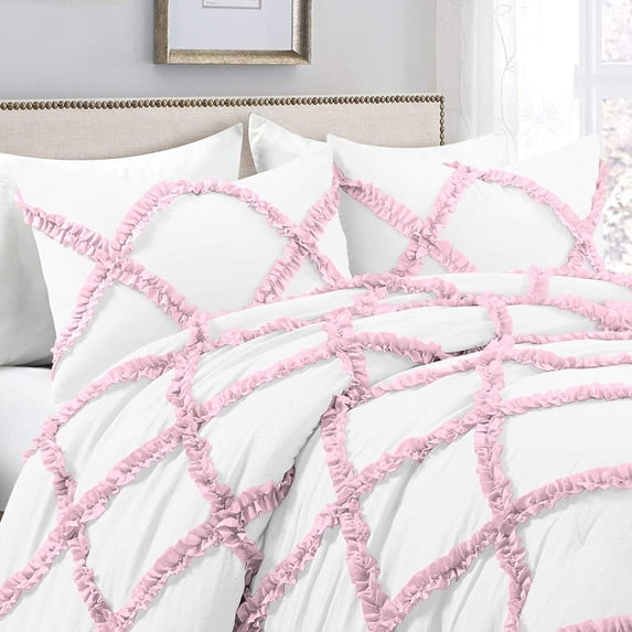 Dual Tone Diamond Ruffle Duvet Cover 5 Piece Set with Zipper, 400 Thread Count & 100% Egyptian Cotton and Quilts Protector with Pillowcases - White & Pink Solid, Full Size.