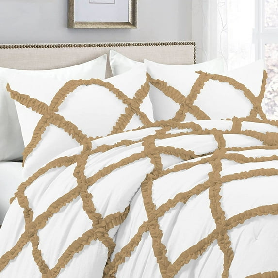 Dual Tone Diamond Ruffle Duvet Cover 5 Piece Set with Zipper, 400 Thread Count & 100% Egyptian Cotton and Quilts Protector with Pillowcases - White & Taupe Solid, Cal King Size.