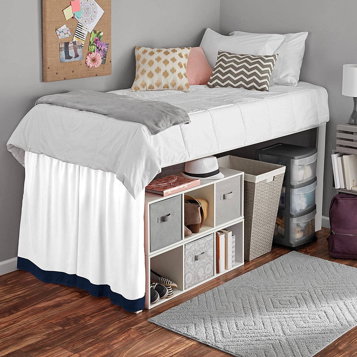 Dual Tone Dorm Bed Skirt, Ruffled Dual Tone Dorm Size Bed Skirt - 100% Microfiber Fabric, Dual Tone Dorm Bed Skirt Twin XL Size College Dual Tone Dorm Bed Skirt 38" Drop - Navy Blue and White Solid.