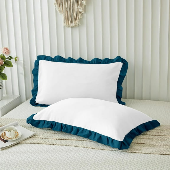 Grace Linen Dual Tone Ruffle Pillow Shams Standard King Size Set of 2, 20X36 -Smooth Soft & Breathable - Decorative Pillowcases 20X36 - (White-Teal)