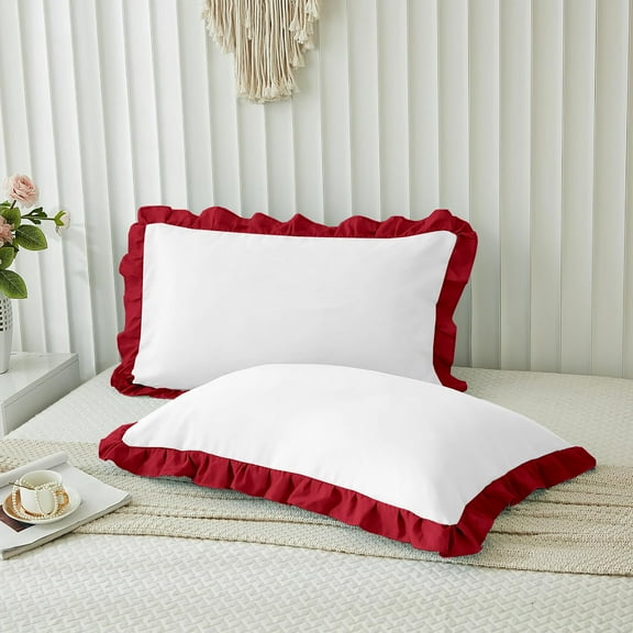 Grace Linen Dual Tone Ruffle Pillow Shams Standard King Size Set of 2, 20X36 -Smooth Soft & Breathable - Decorative Pillowcases 20X36 - (White-Burgundy)