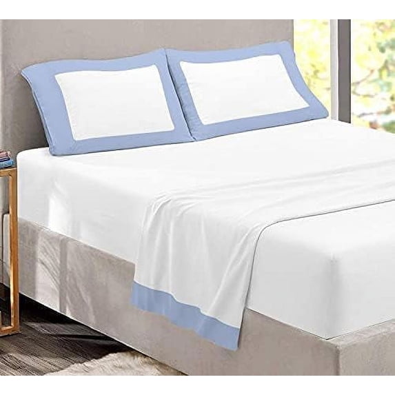 Dual Tone Sheet Set 4 Piece - 400 Thread Count - 12" Deep Pocket - 100% Egyptian Cotton - Cool and Breathable - Dual Color Sheet Set - Light Blue & White Solid, Olympic Queen Size.