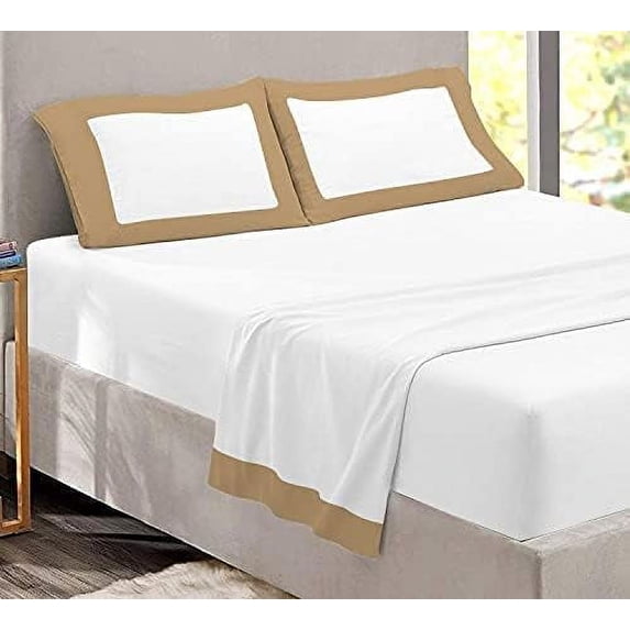 Dual Tone Sheet Set 4 Piece - 400 Thread Count - 15" Deep Pocket - 100% Egyptian Cotton - Cool and Breathable - Dual Color Sheet Set - Taupe & White Solid, Full-XL Size.