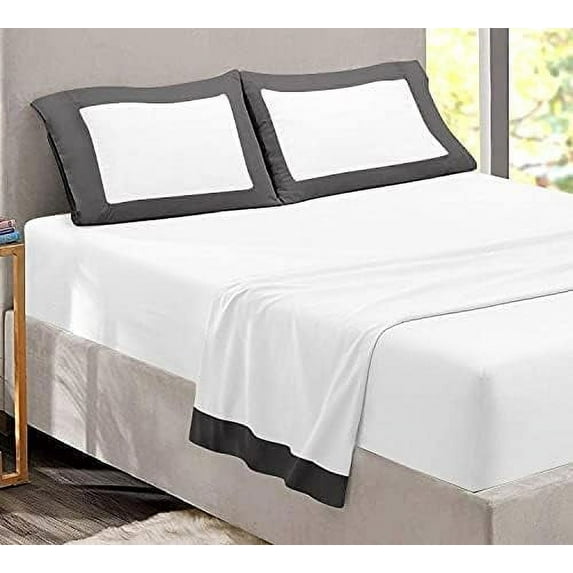 Dual Tone Sheet Set 4 Piece - 400 Thread Count - 18" Deep Pocket - 100% Egyptian Cotton - Cool and Breathable - Dual Color Sheet Set - Dark Grey & White Solid, Queen Size.