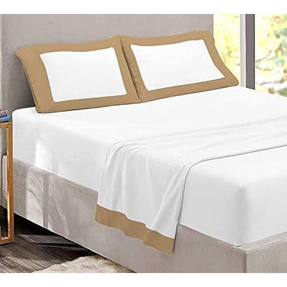 Dual Tone Sheet Set 4 Piece - 400 Thread Count - 22" Deep Pocket - 100% Egyptian Cotton - Cool and Breathable - Dual Color Sheet Set - Taupe & White Solid, Twin Size.