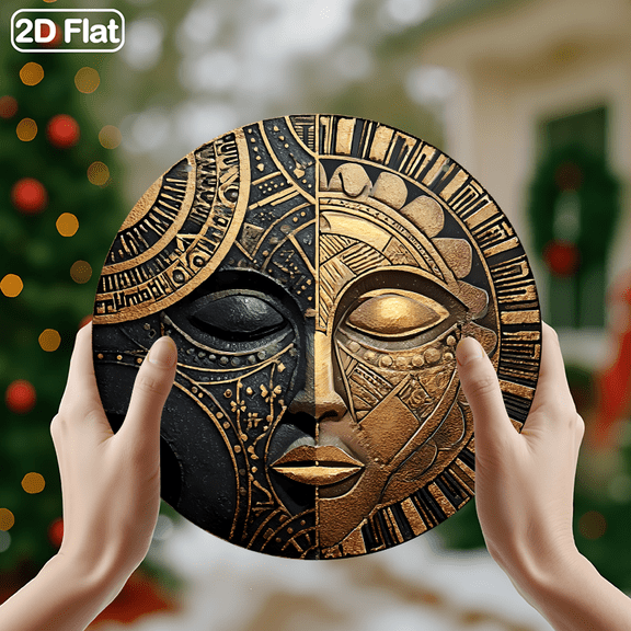 Dual-Tone Sun & Moon Celestial Tribal Face Decor Sign, 1pc, 8" Round Aluminum Wall Art Metal Sign, Wall Decor For Kitchen, Door, Office, Bedroom Decor, Best Gift For Room, Home Decor, 2D Flat