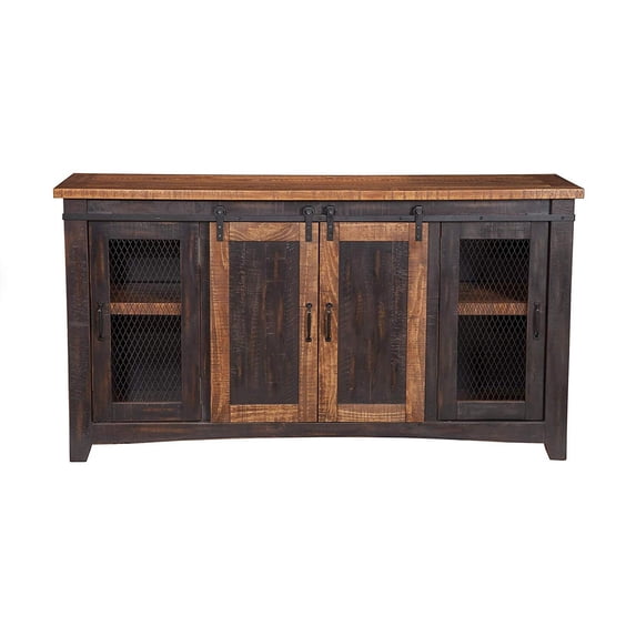 Dual Tone Wood Metal TV St With 2 Mesh Style Doors Antique Black Brown