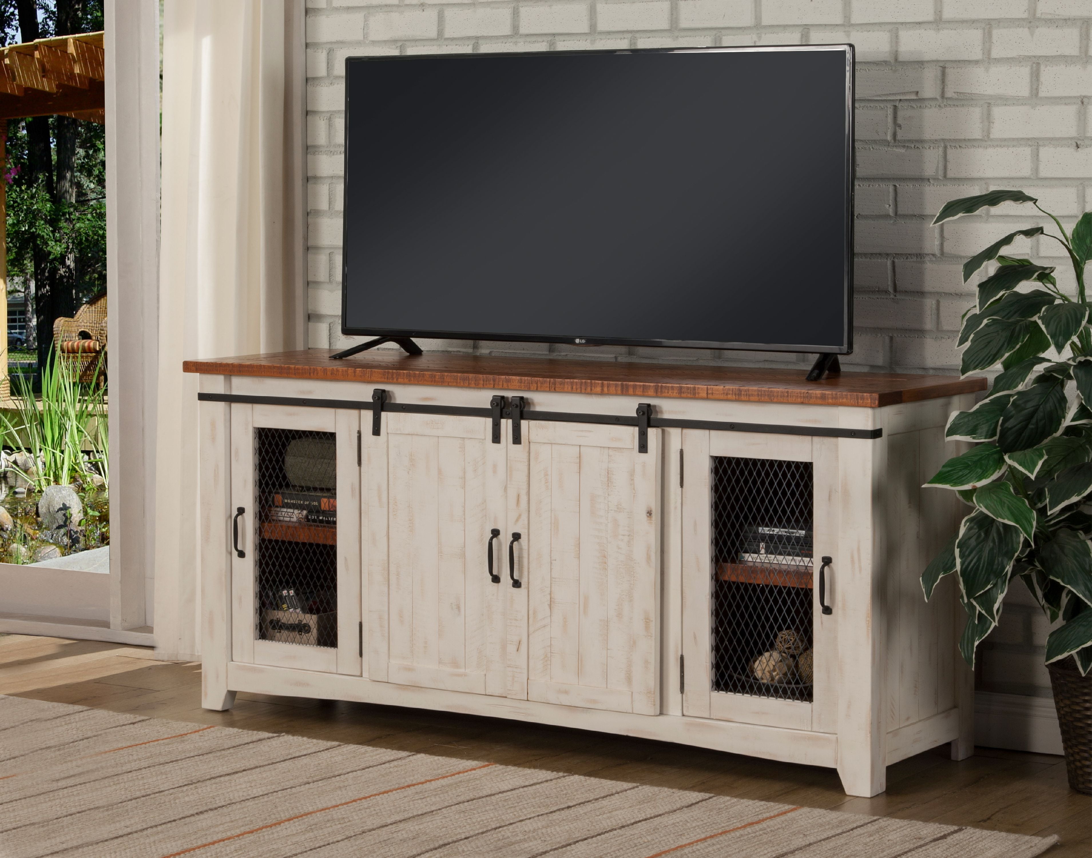 Dual Tone Wood and Metal TV Stand With 2 Mesh Style Doors, White and Brown-  Saltoro Sherpi 