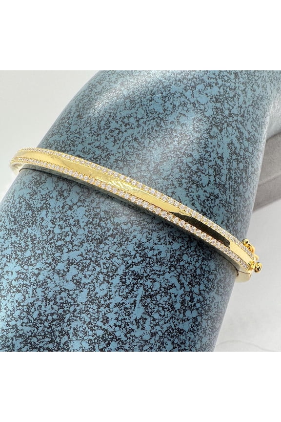 Dual-Track Pav Ribbon Bangle for Women, Sparkling Double Row Statement Jewelry, 925 Sterling Silver with 14K Gold Finish