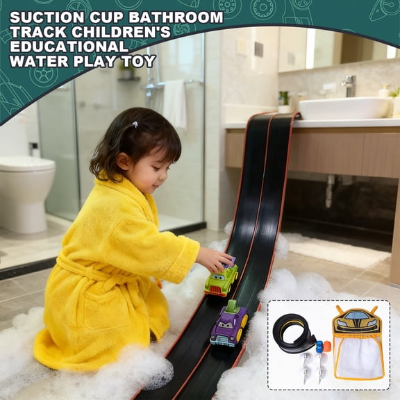 Dual Track Racing Car Suction Cup Slide Kids Bathroom Water Toy, Toddler Shower Time Distraction Interactive Water Table Play Routine, Non Toxic BPA Free Smooth Wall Mount Game For Babies Toddlers