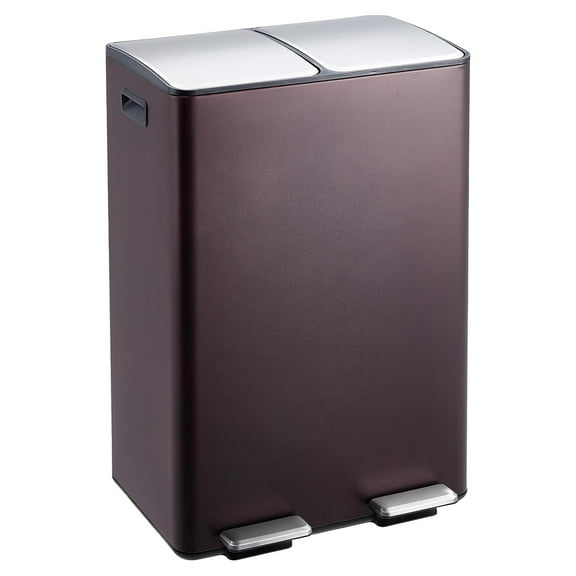 Dual Trash Can, 16 Gal (2 x 30 l) Stainless Steel Kitchen Garbage Can with Lid and Inner Bucket, Double Compartment Trash and Recycle Bin Combo with Step Pedal for Home Office, Brown