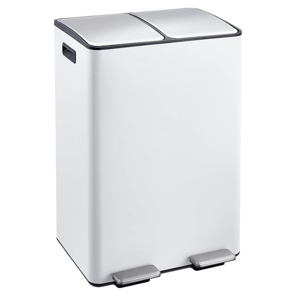 Dual Trash Can, 16 Gal (2 x 30 l) Stainless Steel Kitchen Garbage Can with Lid and Inner Bucket, Double Compartment Trash and Recycle Bin Combo with Step Pedal for Home Office, White