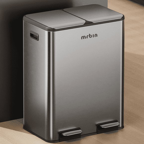 Dual Trash Can Recycling Bin Combo Stainless Steel, 60L / 16gal Large Kitchen Garbage Pail with Lid, 2 x 8 Gallon (2 x 30 Liter) Tall Large Step Rectangle Double Compartment Sided Waste Basket