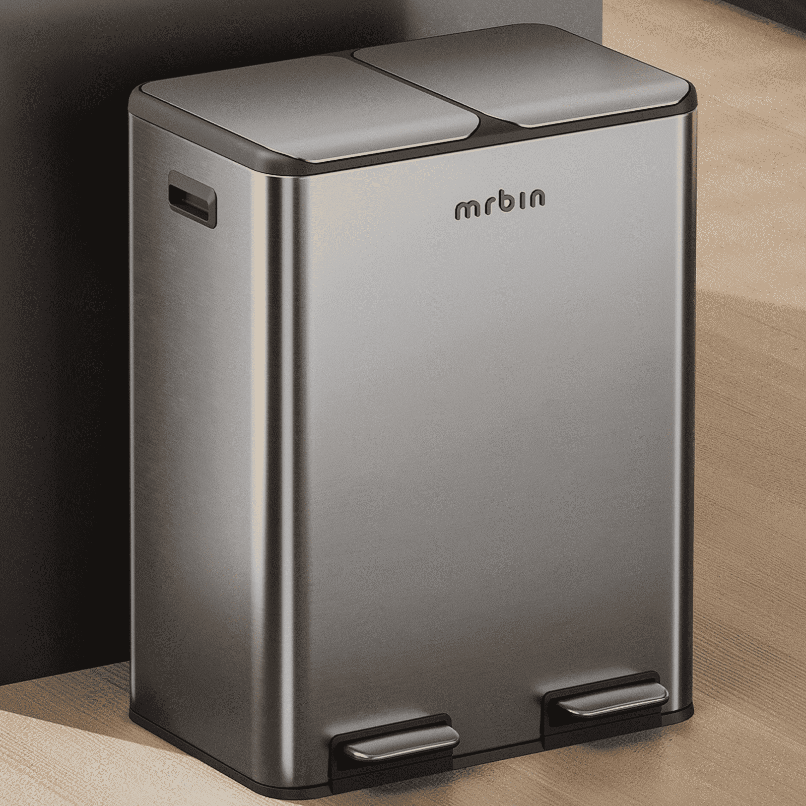 MRBIN Dual Trash Can Recycling Bin Combo Stainless Steel, 60L / 16gal Large Kitchen Garbage Pail with Lid, 2 x 8 Gallon (2 x 30 Liter) Tall Large Step Rectangle Double Compartment Sided Waste Basket
