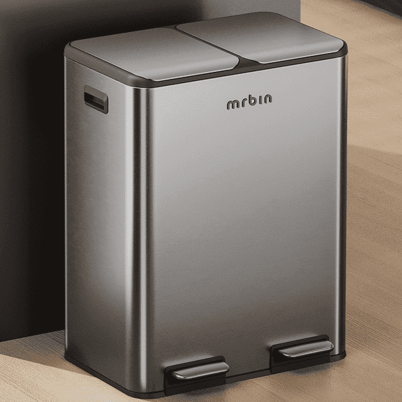 MRBIN Dual Trash Can Recycling Bin Combo Stainless Steel, 60L / 16gal Large Kitchen Garbage Pail with Lid, 2 x 8 Gallon (2 x 30 Liter) Tall Large Step Rectangle Double Compartment Sided Waste Basket