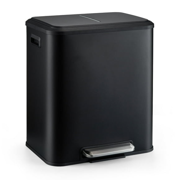 Dual Trash Can for Recycling and Trash, 2 x 15 L (30 L) Stainless Steel Kitchen Trash Can with Lid and Foot Pedal, Double Compartment Garbage Can, Trash Can with Recycling Bin