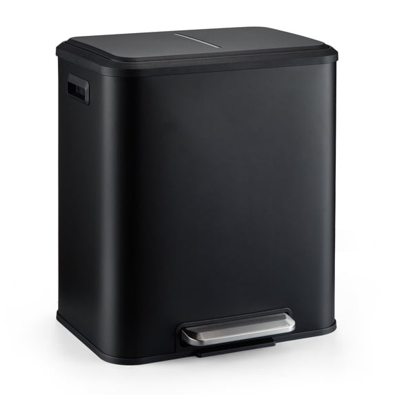 Dual Trash Can for Recycling and Trash, 2 x 15 L (30 L) Stainless Steel Kitchen Trash Can with Lid and Foot Pedal, Double Compartment Garbage Can, Trash Can with Recycling Bin