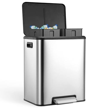 Dual Trash Can for Recycling and Trash, 2 x 15 L (30 L) Stainless Steel Kitchen Trash Can with Lid and Foot Pedal, Double Compartment Garbage Can, Trash Can with Recycling Bin