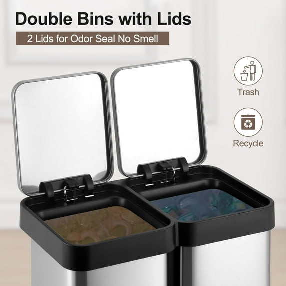 Dual Trash Can, Stainless Steel 2 x 5 Gal (2 x 20L) Garbage Can, Double Steel Pedal Recycle Bin with Lid and Inner Buckets, Rectangular Hands-Free Kitchen Trash Can
