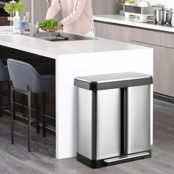 Dual Trash Can, Stainless Steel 2 x 8 Gal (2 x 30L) Garbage Can, Steel Pedal Recycle Bin with Lid and Inner Buckets, Rectangular Hands-Free Kitchen Trash Can
