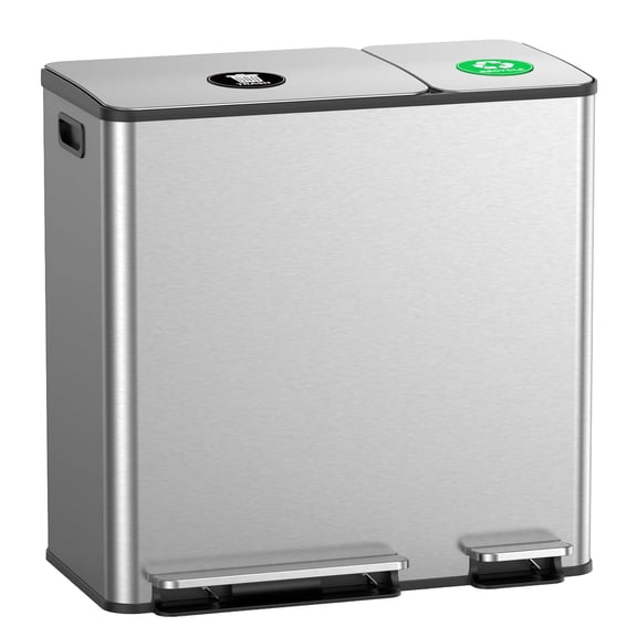 Dual Trash and Recycling Bins for Kitchen, 13+6 Gallon Stainless Steel Garbage and Recycle Bin Combo for Large Families, Dual Trash Can with Soft Close Lid & Magnetic Stickers, Silver