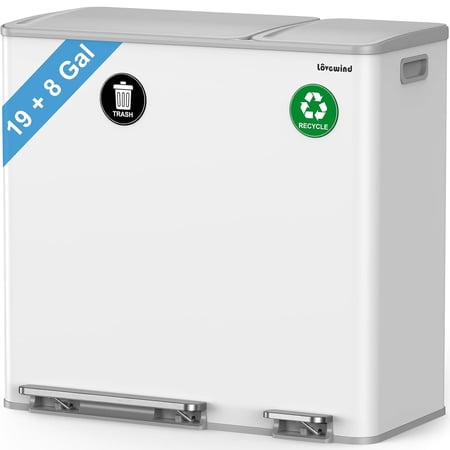 Dual Trash and Recycling Bins for Kitchen, 19+8 Gallon (72+30L) Stainless Steel Trash and Recycle Bin Combo with Soft-Close Lid, Large Garbage Cans for Kitchen Home with 2 Magnets Sticker, White