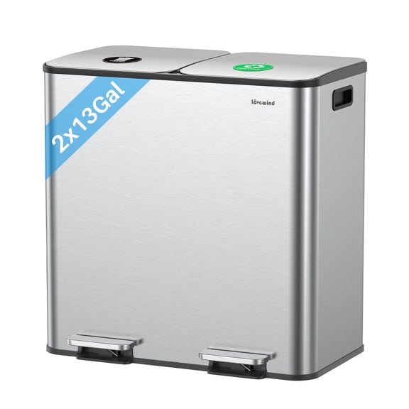Dual Trash and Recycling Bins for Kitchen, 213 Gallon (2 50L) Stainless Steel Trash and Recycle Bin Combo with Soft-Close Lid, Large Garbage Cans for Kitchen Home with 2 Magnets Sticker, Silver