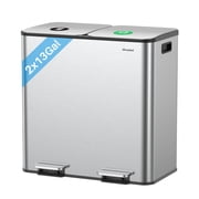 Dual Trash and Recycling Bins for Kitchen, 2 13 Gallon 2  50L Stainless Steel Trash and Recycle Bin Combo with Soft-Close Lid, Large Garbage Cans for Kitchen Home with 2 Magnets Sticker, Silver