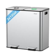 Dual Trash and Recycling Bins for Kitchen, 2 13 Gallon 2  50L Stainless Steel Trash and Recycle Bin Combo with Soft-Close Lid, Large Garbage Cans for Kitchen Home with 2 Magnets Sticker, Silver