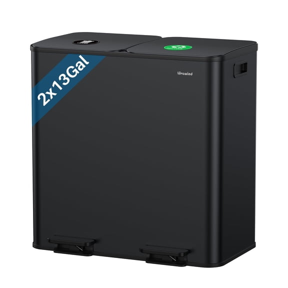 Dual Trash and Recycling Bins for Kitchen, 213 Gallon (2 50L) Stainless Steel Trash and Recycle Bin Combo with Soft-Close Lid, Large Garbage Cans for Kitchen Home with 2 Magnets Sticker, Black