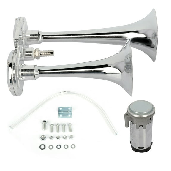 Dual Trumpet Air Horn with Compressor Powerful Loudfor Any 12V Vehicles Trucks Lorrys Trains Boats Cars Vans Kit, Silver Dual Trumpet Air Horn for Vehicles, Dual Air Horn Super Loud