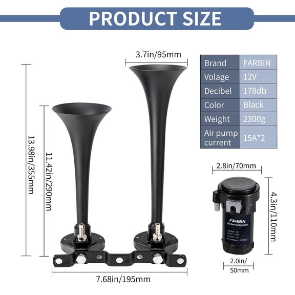 Dual Trumpet Air Horn, Train Horn for Truck with 2 Air Compressors, 12V 178dB Loud Horns for Any 12V Vehicles Pickups SUV Lorrys Trucks Boats (Black Trumpet with Button)