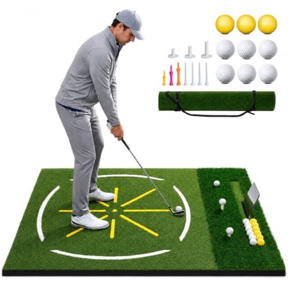 Dual Turf Golf Hitting Mat, 26mm-45mm Thick Golf Practice Mat with Artificial Turf, Phone Holder Slot & Alignment Aid, Indoor Outdoor Golf Mat for Driving Range Training