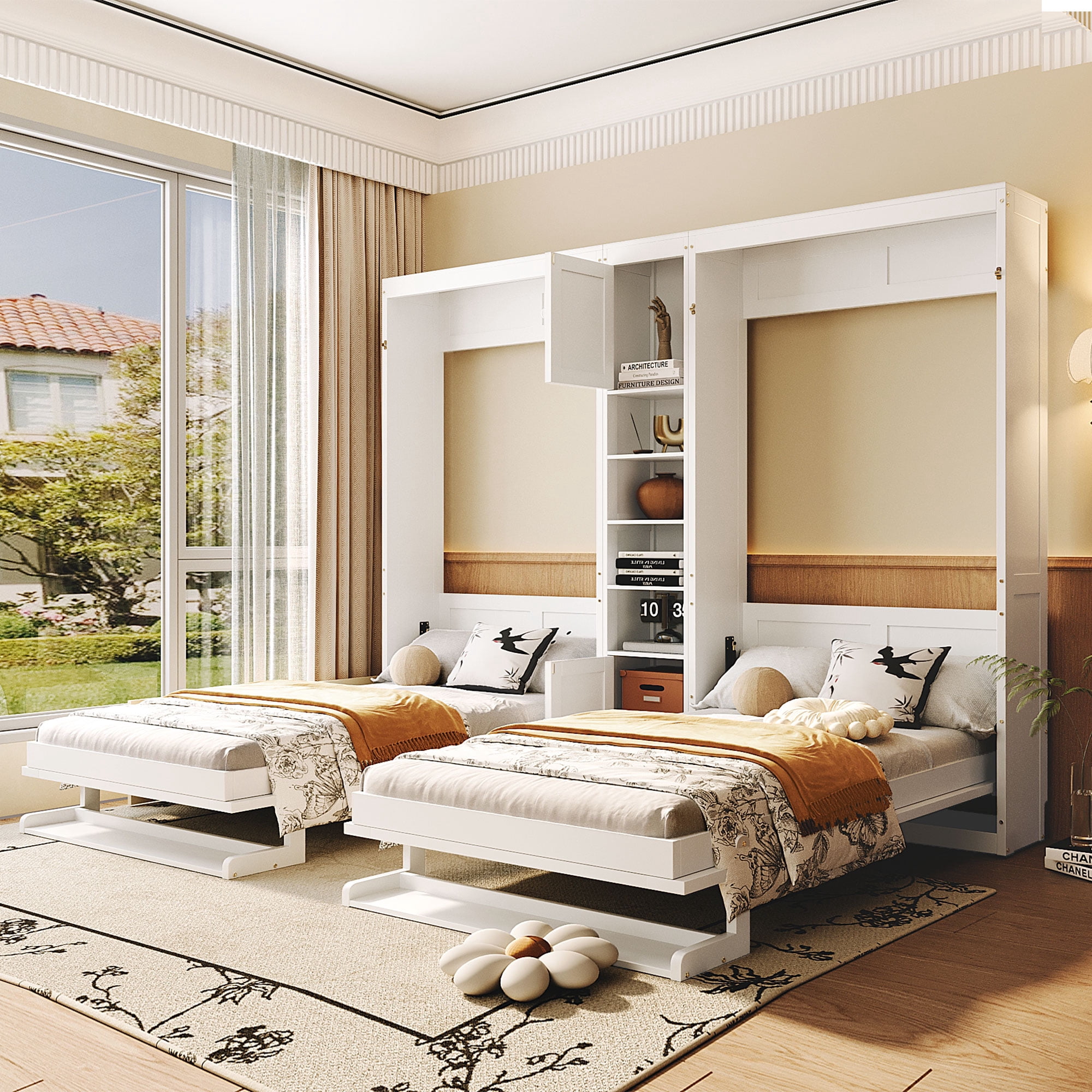 Dual Twin Murphy Bed with Cabinets & Shelves - White, Space-Saving Wall ...