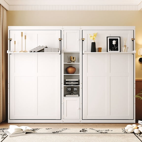 Dual Twin Size Murphy Bed, 2-in-1 Folded Platform Bed with Cabinets and Shelves, Space Saving Twin Wall Beds for Guest Room Home Office, White