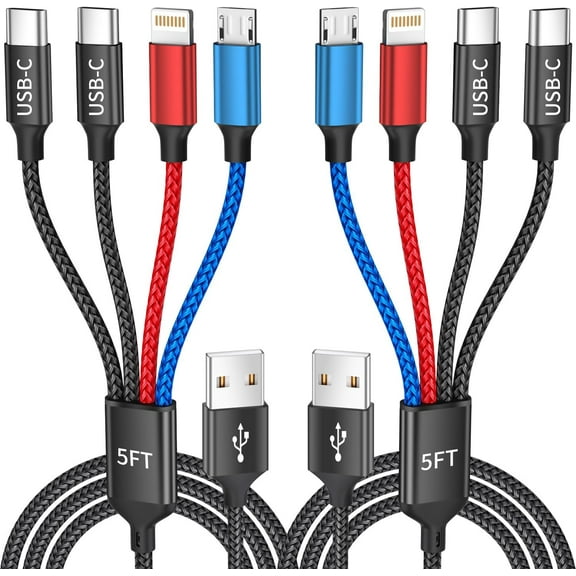 Dual Type-C 4 in 1 Multi Charging Cable for Multiple Devices with 2 USB-C/IP/Micro Port, USB iPhone Charger Cord, Travel Car Cord iPhone17-8, Galaxy 25 Android iPad, More, 2Pack 5FT